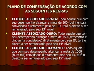 PLANO DE COMPENSAÇÃO DE ACORDO COM AS SEGUINTES REGRAS   CLIENTE ASSOCIADO PRATA:  Todo aquele que com seu desempenho alcançar a meta de 500 (quinhentos) convidados diretamente pelo seu ID, terá o direito a ser remunerado pelo seu 13° nível.  CLIENTE ASSOCIADO OURO:  Todo aquele que com seu desempenho alcançar a meta de 750 (setecentos e cinquenta convidados) diretamente pelo seu ID, terá o direito a ser remunerado pelo seu 14° nível.  CLIENTE ASSOCIADO DIAMANTE:  Todo aquele que com seu desempenho alcançar a meta de 1000 (hum mil) convidados diretamente pelo seu ID, terá o direito a ser remunerado pelo seu 15° nível.  
