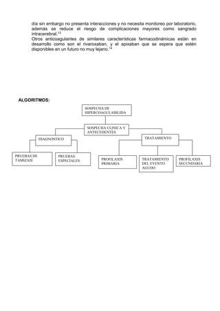 día sin embargo no presenta interacciones y no necesita monitoreo por laboratorio,
además se reduce el riesgo de complicaciones mayores como sangrado
intracerebral.13
Otros anticoagulantes de similares características farmacodinámicas están en
desarrollo como son el rivaroxaban, y el apixaban que se espera que estén
disponibles en un futuro no muy lejano.14
ALGORITMOS:
SOSPECHA DE
HIPERCOAGULABILIDA
D
PRUEBAS DE
TAMIZAJE
TRATAMIENTO
SOSPECHA CLINICA Y
ANTECEDENTES
DIAGNOSTICO
PRUEBAS
ESPECIALES TRATAMIENTO
DEL EVENTO
AGUDO
PROFILAXIS
SECUNDARIA
PROFILAXIS
PRIMARIA
 