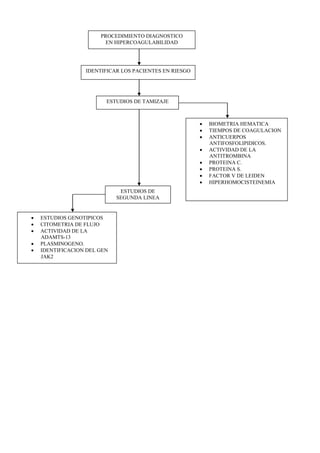 PROCEDIMIENTO DIAGNOSTICO
EN HIPERCOAGULABILIDAD
ESTUDIOS DE TAMIZAJE
 ESTUDIOS GENOTIPICOS
 CITOMETRIA DE FLUJO
 ACTIVIDAD DE LA
ADAMTS-13
 PLASMINOGENO.
 IDENTIFICACION DEL GEN
JAK2
IDENTIFICAR LOS PACIENTES EN RIESGO
 BIOMETRIA HEMATICA
 TIEMPOS DE COAGULACION
 ANTICUERPOS
ANTIFOSFOLIPIDICOS.
 ACTIVIDAD DE LA
ANTITROMBINA
 PROTEINA C.
 PROTEINA S.
 FACTOR V DE LEIDEN
 HIPERHOMOCISTEINEMIA
ESTUDIOS DE
SEGUNDA LINEA
 