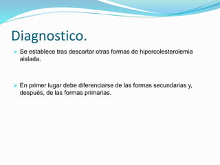 Diagnostico.
 Se establece tras descartar otras formas de hipercolesterolemia
aislada.
 En primer lugar debe diferenciarse de las formas secundarias y,
después, de las formas primarias.
 