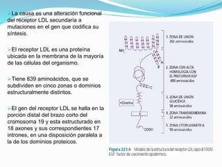 La causa es una alteración funcional
del receptor LDL secundaria a
mutaciones en el gen que codifica su
síntesis.
El receptor LDL es una proteína
ubicada en la membrana de la mayoría
de las células del organismo.
Tiene 839 aminoácidos, que se
subdividen en cinco zonas o dominios
estructuralmente distintos.
El gen del receptor LDL se halla en la
porción distal del brazo corto del
cromosoma 19 y esta estructurado en
18 axones y sus correspondientes 17
intrones, en una disposición paralela a
la de los dominios proteicos.
 