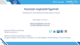 2019. január2020. január
Köszönjük megtisztelő figyelmét!
Kérdéseivel és észrevételeivel forduljon bátran hozzánk:
http://hiper-com.com
stella.sipiczki@hiper-com.com
monitoring@hiper-com.com
Kövessen Minket a közösségi
hálókon keresztül is:
Hipercom Monitoring elérhető továbbá:
Lengyelországban, Romániában, Szerbiában, Horvátországban, Kazakhsztánban, Oroszországban
 