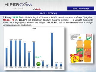 2015. szeptember
JUICE, LEVEK (L)
A Penny 39,50 Ft-ért hirdette legolcsóbb rostos üdítőit, ezzel szemben a Coop újságaiban
159,33.- Ft-ért, 303,37%-kal drágábban találtunk hasonló terméket – a vizsgált kategóriák
között ez a legnagyobb eltérés. Az átlagár 351,19 Ft/L volt a termékcsoportban a vizsgált
kereskedők akciós újságaiban.
39,50 Ft
2015. November
 