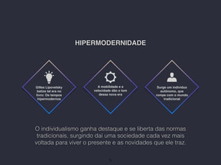 HIPERMODERNIDADE
Gilles Lipovetsky
batiza tal era no
livro: Os tempos
hipermodernos
A mobilidade e a
velocidade dão o tom
dessa nova era
Surge um individuo
autônomo, que
rompe com o mundo
tradicional
O individualismo ganha destaque e se liberta das normas
tradicionais, surgindo daí uma sociedade cada vez mais
voltada para viver o presente e as novidades que ele traz.
5
 