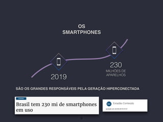 OS
SMARTPHONES
230
MILHÕES DE
APARELHOS
2019
SÃO OS GRANDES RESPONSÁVEIS PELA GERAÇÃO HIPERCONECTADA
9
 