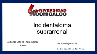 Incidentaloma
suprarrenal
Almanza Ortega Thalia Andrea
6to D
Endocrinología teoría
Dr. León Zarate Héctor Andrés
 