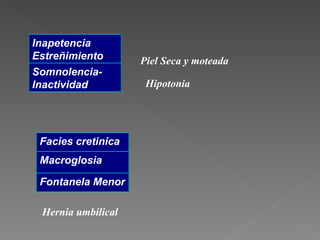 Inapetencia
Estreñimiento       Piel Seca y moteada
Somnolencia-
Inactividad          Hipotonia




 Facies cretinica
 Macroglosia

 Fontanela Menor

 Hernia umbilical
 