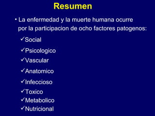 La enfermedad y la muerte humana ocurre por la participacion de ocho factores patogenos: Resumen Social Psicologico  Vascular Nutricional Anatomico Infeccioso Toxico Metabolico 