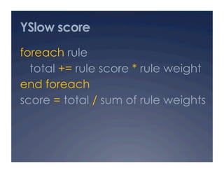 YSlow score
foreach rule
  total += rule score * rule weight
end foreach
score = total / sum of rule weights
 