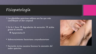 Fisiopatología
• Las glándulas apócrinas axilares son las que más
contribuyen al olor corporal
• En la 1° hora  degradación de secreción  ácidos
grasos & amonio
 Apoproteína D
• Sobrecrecimiento bacteriano: corynebacterium
• Secreción écrina excesiva favorece la extensión del
sudor apócrino
 