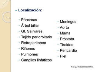 

Localización:
◦ Páncreas
◦ Árbol biliar
◦ Gl. Salivares
◦ Tejido periorbitario

◦ Retroperitoneo
◦ Riñones
◦ Pulmones

◦ Ganglios linfáticos

◦ Meninges

◦ Aorta
◦ Mama
◦ Próstata

◦ Tiroides
◦ Pericardio
◦ Piel

 