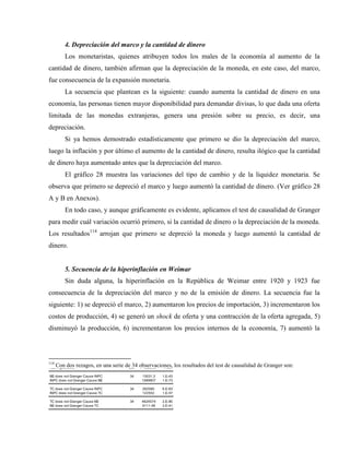 4. Depreciación del marco y la cantidad de dinero
Los monetaristas, quienes atribuyen todos los males de la economía al aumento de la
cantidad de dinero, también afirman que la depreciación de la moneda, en este caso, del marco,
fue consecuencia de la expansión monetaria.
La secuencia que plantean es la siguiente: cuando aumenta la cantidad de dinero en una
economía, las personas tienen mayor disponibilidad para demandar divisas, lo que dada una oferta
limitada de las monedas extranjeras, genera una presión sobre su precio, es decir, una
depreciación.
Si ya hemos demostrado estadísticamente que primero se dio la depreciación del marco,
luego la inflación y por último el aumento de la cantidad de dinero, resulta ilógico que la cantidad
de dinero haya aumentado antes que la depreciación del marco.
El gráfico 28 muestra las variaciones del tipo de cambio y de la liquidez monetaria. Se
observa que primero se depreció el marco y luego aumentó la cantidad de dinero. (Ver gráfico 28
A y B en Anexos).
En todo caso, y aunque gráficamente es evidente, aplicamos el test de causalidad de Granger
para medir cuál variación ocurrió primero, si la cantidad de dinero o la depreciación de la moneda.
Los resultados114
arrojan que primero se depreció la moneda y luego aumentó la cantidad de
dinero.
5. Secuencia de la hiperinflación en Weimar
Sin duda alguna, la hiperinflación en la República de Weimar entre 1920 y 1923 fue
consecuencia de la depreciación del marco y no de la emisión de dinero. La secuencia fue la
siguiente: 1) se depreció el marco, 2) aumentaron los precios de importación, 3) incrementaron los
costos de producción, 4) se generó un shock de oferta y una contracción de la oferta agregada, 5)
disminuyó la producción, 6) incrementaron los precios internos de la economía, 7) aumentó la
114
Con dos rezagos, en una serie de 34 observaciones, los resultados del test de causalidad de Granger son:
Pairwise Granger Causality Tests
Date: 03/05/18 Time: 22:37
Sample: 1921M01 1923M12
Lags: 2
Null Hypothesis: Obs F-Statistic Prob.
M2 does not Granger Cause INPC 34 13031.3 1.E-43
INPC does not Granger Cause M2 1569807 1.E-73
TC does not Granger Cause INPC 34 282090. 6.E-63
Null Hypothesis: Obs F-Statistic Prob.
M2 does not Granger Cause INPC 34 13031.3 1.E-43
INPC does not Granger Cause M2 1569807 1.E-73
TC does not Granger Cause INPC 34 282090. 6.E-63
INPC does not Granger Cause TC 122552. 1.E-57
TC does not Granger Cause M2 34 4624574 2.E-80
M2 does not Granger Cause TC 9111.48 3.E-41
 