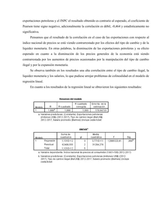 exportaciones petroleras y el INPC el resultado obtenido es contrario al esperado, el coeficiente de
Pearson tiene signo negativo, adicionalmente la correlación es débil, -0,464 y estadísticamente no
significativa.
Pensamos que el resultado de la correlación en el caso de las exportaciones con respecto al
índice nacional de precios se está viendo contrarrestado por los efectos del tipo de cambio y de la
liquidez monetaria. En otras palabras, la disminución de las exportaciones petroleras y su efecto
esperado en cuanto a la disminución de los precios generales de la economía está siendo
contrarrestada por los aumentos de precios ocasionados por la manipulación del tipo de cambio
ilegal y por la expansión monetaria.
Se observa también en los resultados una alta correlación entre el tipo de cambio ilegal, la
liquidez monetaria y los salarios, lo que pudiese arrojar problemas de colinealidad en el modelo de
regresión lineal.
En cuanto a los resultados de la regresión lineal se obtuvieron los siguientes resultados:
 