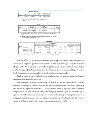 Con un R2
de 1, los resultados muestran que el tipo de cambio ilegal determina las
variaciones de los precios generales de la economía en 85,4 %, mientras que la liquidez monetaria
influye 14,6 %. Por lo tanto, no es la liquidez monetaria la que está explicando en mayor medida
la inflación registrada en Venezuela desde el año 2012, sino que es la variación del tipo de cambio
ilegal, el cual, como hemos mostrado, está siendo políticamente manipulado.
Desde el punto de vista estadístico, los resultados arrojan elevados niveles de significancia,
los cuales se observan en los valores de t.
Adicionalmente, debemos recordar que al aplicar el test de causalidad de Granger,
obtuvimos que el tipo de cambio ilegal precede las variaciones del índice nacional de precios y
este precede la expansión monetaria. Es decir, primero varía el tipo de cambio, mediante
manipulaciones, lo cual causa (en sentido de Granger y también según los resultados de la
regresión lineal) la inflación, y como respuesta al incremento de los precios, el gobierno expande
la liquidez monetaria, esta, a su vez, incide en un efecto de retroalimentación, tal como lo
plantearon Wallace y Sargent sobre los precios en una magnitud de 14,6 %.
 