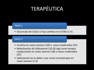 TERAPÉUTICA 
PASO 1 
• Gluconato de Calcio si hay cambios en el EKG (1 A) 
PASO 2 
• Insulina en casos severos (1B) o casos moderados (2C) 
• Nebulización de Salbutamol (10-20 mg) como terapia 
coadyuvante en casos severos (1B) o casos moderados 
(2C) 
• Salbutamol no se deber usar como monoterapia en 
casos severos (1 A) 
 