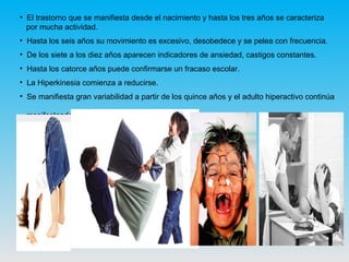El trastorno que se manifiesta desde el nacimiento y hasta los tres años se caracteriza  por mucha actividad.  Hasta los seis años su movimiento es excesivo, desobedece y se pelea con frecuencia. De los siete a los diez años aparecen indicadores de ansiedad, castigos constantes.  Hasta los catorce años puede confirmarse un fracaso escolar. La Hiperkinesia comienza a reducirse.  Se manifiesta gran variabilidad a partir de los quince años y el adulto hiperactivo continúa  manifestando indicadores del trastorno. 