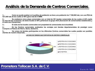 Promotora Tollocan S.A. de C.V. Enero de 2002 Análisis de la Demanda de Centros Comerciales. 1.- Como se puede analizar en la gráfica de población se tiene una población de 1’190,000 hab, con una PEA de 531,546 hab de los cuales el 46% gana más de 5 SMM. 2.- Se analizaron cinco plaza comerciales con un total de 301 locales comerciales de los cuales el 44% repite en mas de tres ocasiones, de éstos locales el 50% pertenecen al grupo ACE (Asociación de comerciantes establecidos y el resto son franquicias). 3.- El resto de los locales comerciales son propiedad de comerciantes de la localidad. 4.- En los Centros comerciales analizados los anclajes son tiendas departamentales de prestigio como Liverpool, el Palacio de Hierro, Sears, Sanborns. 5.- Ver anexo de tiendas participantes en los diferentes Centros comerciales las cuales pueden ser posibles clientes de nuestro desarrollo. 