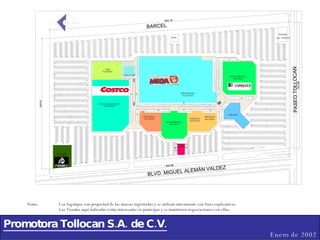 Promotora Tollocan S.A. de C.V. Enero de 2002 Notas:  Los logotipos son propiedad de las marcas registradas y se utilizan únicamente con fines explicativos. Las Tiendas aquí indicadas están interesadas en participar y se mantienen negociaciones con ellas. TIENDA CLUB DE PRECIOS Sup. 17,800 m² DEPARTAMENTAL 2 Sup. 4,900 m² DEPARTAMENTAL 1 Sup. 8,000 m² CINES Sup. 4,000 m² TIENDA REST.  Sup. 2,850 m² SUBANCLA2 Sup. 1,800 m² HIPERMERCADO Sup. 25,000 m² BURGER KING Sup. 600 m² GASOLINERA Sup. 3,000 m² Lobby Hotel SUBANCLA1 Sup. 2,130 m² 