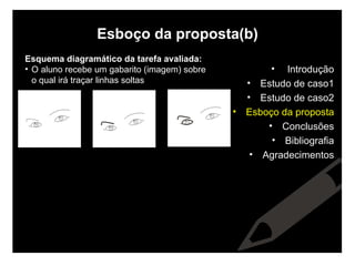 Esboço da proposta(b) Esquema diagramático da tarefa avaliada: O aluno recebe um gabarito (imagem) sobre o qual irá traçar linhas soltas Introdução Estudo de caso1 Estudo de caso2 Esboço da proposta Conclusões Bibliografia Agradecimentos 