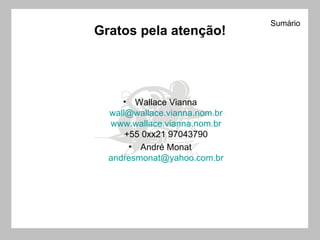 Gratos pela atenção! Wallace Vianna [email_address] www.wallace.vianna.nom.br +55 0xx21 97043790 André Monat [email_address] Sumário 
