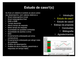 Estudo de caso1(c) Ao final um relatório é exibido ao aluno sobre  seu desempenho, com valores relativos a: Nível metacognitivo inicial Nível metacognitivo final KMA e KMB Tempo decorrido Menor tempo de resposta Maior tempo de resposta Quantidade de questões sorteadas Quantidade de acertos e erros NAC Encerramento antecipado por erros consecutivos Encerramento antecipado por atingir meta de avaliação Gráfico de desempenho Análise do aluno (realista, pessimista e respostas em tempo hábil) Introdução Estudo de caso1 Estudo de caso2 Esboço da proposta Conclusões Bibliografia Agradecimentos 