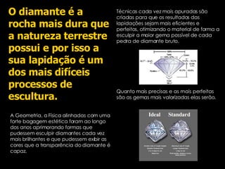 O diamante é a rocha mais dura que a natureza terrestre possui e por isso a sua lapidação é um dos mais difíceis processos de escultura. A Geometria, a Física alinhadas com uma forte bagagem estética foram ao longo dos anos aprimorando formas que pudessem esculpir diamantes cada vez  mais brilhantes e que pudessem exibir as cores que a transparência do diamante é capaz. Técnicas cada vez mais apuradas são criadas para que os resultados das lapidações sejam mais eficientes e perfeitos, otimizando o material de forma a esculpir a maior gema possível de cada pedra de diamante bruto. Quanto mais precisas e as mais perfeitas são as gemas mais valorizadas elas serão. 