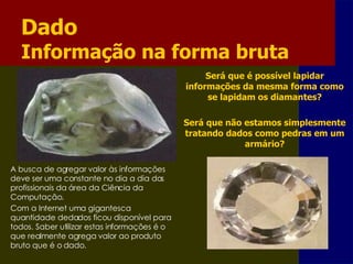 Dado Informação na forma bruta Será que é possível lapidar informações da mesma forma como se lapidam os diamantes? Será que não estamos simplesmente tratando dados como pedras em um armário? A busca de agregar valor às informações deve ser uma constante no dia a dia dos profissionais da área da Ciência da Computação. Com a Internet uma gigantesca quantidade dedados ficou disponível para todos. Saber utilizar estas informações é o que realmente agrega valor ao produto bruto que é o dado. 