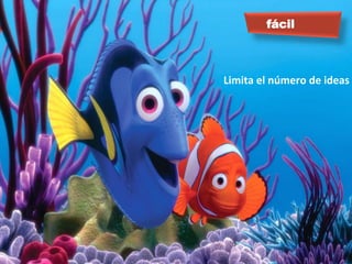•  Limita	
  el	
  número	
  de	
  
ideas	
  a	
  comunicar.	
  	
  
fácil
Limita	
  el	
  número	
  de	
  ideas	
  
 