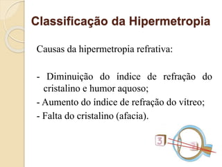 Causas da hipermetropia refrativa:
- Diminuição do índice de refração do
cristalino e humor aquoso;
- Aumento do índice de refração do vítreo;
- Falta do cristalino (afacia).
Classificação da Hipermetropia
 
