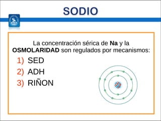 La concentración sérica de  Na  y la  OSMOLARIDAD  son regulados por mecanismos: SED ADH RIÑON 
