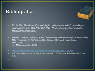 • Porth, Carol Mattson “Fisiopatología: salud-enfermedad, un enfoque
conceptual”, pag. 753-756, 762-766, 7ª ed. 4ªreimp., Buenos Aires:
Médica Panamericana.
• Pizarro T., Daniel , Saba S., Roma “Alteraciones Hidroelectrolíticas Y Ácido–base
Más Frecuentes En El Paciente Con Diarrea”, Bol. Med. Hosp. Infant.
Mex. V.62
n.1 México ene./feb. 2005
• http://www.intramed.net/sitios/librovirtual1/pdf/librovirtual1_24.pdf
• Harrison. Principios de Medicina Interna. 17ª edición. Editorial Mc Graw
Hill.
•
 