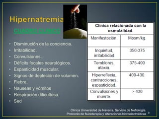 CUADRO CLINICO
• Disminución de la conciencia.
• Irritabilidad.
• Convulsiones.
• Déficits focales neurológicos.
• Espasticidad muscular.
• Signos de depleción de volumen.
• Fiebre.
• Nauseas y vómitos
• Respiración dificultosa.
• Sed
9
Clínica Universidad de Navarra. Servicio de Nefrología.
Protocolo de fluidoterapia y alteraciones hidroelectroliticas
 
