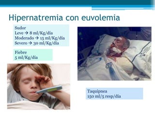 Hipernatremia con euvolemia
Sudor
Leve  8 ml/Kg/día
Moderado  15 ml/Kg/día
Severo  30 ml/Kg/día
Fiebre
5 ml/Kg/día
Taquipnea
150 ml/5 resp/día
 