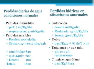 Pérdidas diarias de agua
condiciones normales
• Perdidas insensibles
• piel: 7 ml/Kg/día
• respiratorias: 5 ml/Kg/día
• Perdidas sensibles
• Fecales: 100 ml/día
• Orina: 0.5- 3 cc. x min/24h
• 12ml/70kg=840
• o.5(1440)= 720
• Heces= 100
Total= 1600
• Sudoración
▫ Leve: 8 ml/Kg/día
▫ Moderada: 15 ml/Kg/día
▫ Severa: 30ml/Kg/día
• Fiebre
▫ 5 ml/Kg x c/ ºC de T > 37
• Taquipnea : > 15 x min.
▫ 150 cc x c/5
respiraciones
• Cirugía en quirófano
▫ 5 ml/Kg/ hora
Perdidas hídricas en
situaciones anormales
 