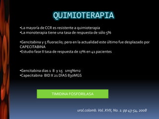QUIMIOTERAPIA
•La mayoría de CCR es resistente a quimioterapia
•La monoterapia tiene una tasa de respuesta de sólo 5%
•Gencitabina y 5 fluoracilo; pero en la actualidad este último fue desplazado por
CAPECITABINA
•Estudio fase II tasa de respuesta de 17% en 41 pacientes
•Gencitabina dias 1 8 y 15 1mg%m2
•Capecitabina BID X 21 DÍAS 830MGS
urol.colomb.Vol. XVII, No. 1: pp 43-54, 2008
TIMIDINA FOSFORILASA
 