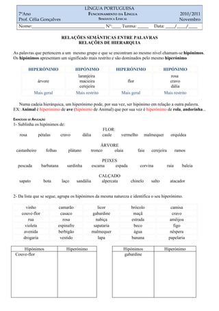 LÍNGUA PORTUGUESA
   7ºAno                                              FUNCIONAMENTO DA LÍNGUA                                       2010/2011
   Prof. Célia Gonçalves                                     SEMÂNTICA LEXICAL                                      Novembro
   Nome:_________________________________ Nº:____ Turma: _____                                     Data: ____/____/____

                                    RELAÇÕES SEMÂNTICAS ENTRE PALAVRAS
                                          RELAÇÕES DE HIERARQUIA

As palavras que pertencem a um mesmo grupo e que se encontram ao mesmo nível chamam-se hipónimos.
Os hipónimos apresentam um significado mais restrito e são dominados pelo mesmo hiperónimo

           HIPERÓNIMO                          HIPÓNIMO                HIPERÓNIMO                      HIPÓNIMO
                                                laranjeira                                                rosa
                 árvore                          macieira                        flor                     cravo
                                                 cerejeira                                                dália
              Mais geral                       Mais restrito              Mais geral                   Mais restrito

  Numa cadeia hierárquica, um hiperónimo pode, por sua vez, ser hipónimo em relação a outra palavra.
EX: Animal é hiperónimo de ave (hipónimo de Animal) que por sua vez é hiperónimo de rola, andorinha...

EXERCÍCIOS DE APLICAÇÃO
1- Sublinha os hipónimos de:
                                                               FLOR:
    rosa         pétalas            cravo         dália        caule      vermelho          malmequer        orquídea

                                                               ÁRVORE
  castanheiro             folhas        plátano           tronco    olaia               faia   cerejeira          ramos

                                                               PEIXES
   pescada          barbatana          sardinha           escama    espada               corvina           raia      baleia

                                                             CALÇADO
    sapato           bota            laço      sandália       alpercata           chinelo      salto        atacador


2- Da lista que se segue, agrupa os hipónimos da mesma natureza e identifica o seu hiperónimo.

        vinho                      camarão                   licor                 brócolo                   camisa
      couve-flor                    casaco                gabardine                 maçã                      cravo
          rua                        rosa                   nabiça                 estrada                  amêijoa
        violeta                    espinafre               sapataria                beco                       figo
       avenida                     berbigão               malmequer                 água                     nêspera
       drogaria                     vestido                  lapa                  banana                   papelaria

     Hipónimos                         Hiperónimo                           Hipónimos                   Hiperónimo
 Couve-flor                                                                 gabardine
 