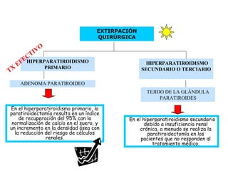 EXTIRPACIÓN QUIRÚRGICA HIPERPARATIROIDISMO SECUNDARIO O TERCIARIO  HIPERPARATIROIDISMO PRIMARIO TEJIDO DE LA GLÁNDULA PARATIROIDES ADENOMA PARATIROIDEO TX EFECTIVO CIRUGÍA- Paratiroidectomía (P/T) En el hiperparatiroidismo primario, la paratiroidectomía resulta en un índice de recuperación del 95% con la normalización de calcio en el suero, y un incremento en la densidad ósea con la reducción del riesgo de cálculos renales. En el hiperparatiroidismo secundario debido a insuficiencia renal crónica, a menudo se realiza la paratiroidectomía en los pacientes que no responden al tratamiento médico. 