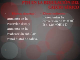       Efectos directos :      Efecto indirecto :
    aumento en la              incrementar la
                               conversión de 25 (OH)
    resorción ósea y           D a 1,25 (OH)2 D
    aumento en la
    reabsorción tubular
    renal distal de calcio.



 