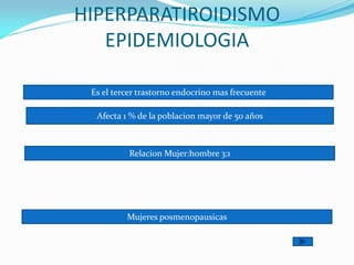 HIPERPARATIROIDISMO
EPIDEMIOLOGIA
Afecta 1 % de la poblacion mayor de 50 años
Relacion Mujer:hombre 3:1
Mujeres posmenopausicas
Es el tercer trastorno endocrino mas frecuente
 
