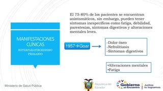 República del
Ecuador
Ministerio de Salud Pública
MANIFESTACIONES
CLÍNICAS
HIPERPARATIROIDISMO
PRIMARIO
 