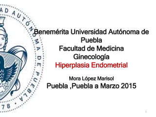 Benemérita Universidad Autónoma de
Puebla
Facultad de Medicina
Ginecología
Hiperplasia Endometrial
Mora López Marisol
Puebla ,Puebla a Marzo 2015
1
 