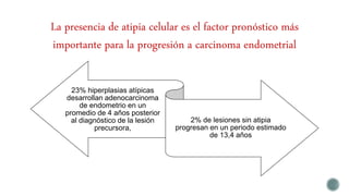La presencia de atipia celular es el factor pronóstico más
importante para la progresión a carcinoma endometrial
23% hiperplasias atípicas
desarrollan adenocarcinoma
de endometrio en un
promedio de 4 años posterior
al diagnóstico de la lesión
precursora,
2% de lesiones sin atipia
progresan en un periodo estimado
de 13,4 años
 