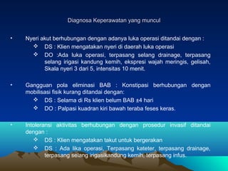 Diagnosa Keperawatan yang muncul
•

Nyeri akut berhubungan dengan adanya luka operasi ditandai dengan :
 DS : Klien mengatakan nyeri di daerah luka operasi
 DO :Ada luka operasi, terpasang selang drainage, terpasang
selang irigasi kandung kemih, ekspresi wajah meringis, gelisah,
Skala nyeri 3 dari 5, intensitas 10 menit.

•

Gangguan pola eliminasi BAB : Konstipasi berhubungan dengan
mobilisasi fisik kurang ditandai dengan:
 DS : Selama di Rs klien belum BAB ±4 hari
 DO : Palpasi kuadran kiri bawah teraba feses keras.

•

Intoleransi aktivitas berhubungan dengan prosedur invasif ditandai
dengan :
 DS : Klien mengatakan takut untuk bergerakan
 DS : Ada lika operasi, Terpasang kateter, terpasang drainage,
terpasang selang irigasikandung kemih, terpasang infus.

 