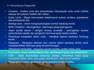 F. Pemeriksaan Diagnostik
•
•
•
•
•
•
•
•
•
•
•

Urinalisa : analisa urine dan pemeriksaan mikroskopik urine untuk melihat
adanya sel leukosit, bakteri dan infeksi.
Kultur Urine : Dapat menunjukan stapilococus aureus, proteus, pseudonas
dan escherichia coli.
Sitologi urine : Untuk mengesampingkan kanker kandung kemih.
BUN / Kreatinin : Meningkatkan bila fungsi ginjal dipengaruhi.
Asam posfat serum / antigen khusus prostatik : peningkatan karena
pertumbuhan seluler dan pengaruh hormonal pada kanker prostat.
Penentuan kecepatan aliran urine : mengkaji daerah obstruksi kandung
kemih.
Sistogram : Mengukur tekanan dan volume dalam kandung kemih untuk
mengidentifikasi disfungsi yang tak berhubungan.
Ultrasound transrektal : mengukur ukuran prostat, jumlah residu urine
Foto polos : untuk melihat adanya batu, pembesaran ginjal, lesi osteoblastik.
USG : dapat diperkirakan besarnya prostat, memeriksa masa ginjal
menditeksi residu urine, batu ginjal, divertikulum, atau tumor buli/buli.
Pielografi intravena : gambaran ureter berbelok-belok di vesika.

 