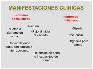 •Chorro de orina
débil, con pausas e
interrupciones.
•Goteo o
derrame de
orina.
•Síntomas
obstructivos
•Urgencia para
orinar.
•Retención de orina
o incapacidad de
orinar.
•síntomas
irritativos
•frecuencia.
•Disuria.
•Nicturia
•Pujo al iniciar
el vaciado.
 