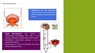 • Así como también:
• Infecciones de Vías Urinarias:
Puede ocasionar Sx irritativos de
HPB. Corroborar mediante EGO y
cultivo
• Vejiga Neurogénica: Hay historia de
enfermedad neurológica, EVC, DM o lesión
medular. Además en exploración encontramos:
 Sensibilidad disminuida perineal o de la
extremidad inferior
 Alteraciones en el tono del esfínter del recto o
reflejo bulbocavernoso
 