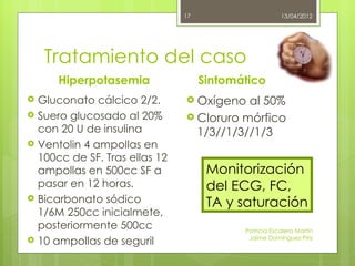17                      13/04/2012




     Tratamiento del caso
        Hiperpotasemia                Sintomático
   Gluconato cálcico 2/2.        Oxígeno  al 50%
   Suero glucosado al 20%        Cloruro mórfico
    con 20 U de insulina           1/3//1/3//1/3
   Ventolin 4 ampollas en
    100cc de SF. Tras ellas 12
    ampollas en 500cc SF a             Monitorización
    pasar en 12 horas.                 del ECG, FC,
   Bicarbonato sódico                 TA y saturación
    1/6M 250cc inicialmete,
    posteriormente 500cc                     Patricia Escalera Martín
   10 ampollas de seguril                    Jaime Domínguez Píriz
 