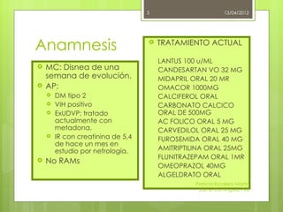 3                         13/04/2012




Anamnesis                             TRATAMIENTO ACTUAL

                                       LANTUS 100 u/ML
   MC: Disnea de una                  CANDESARTAN VO 32 MG
    semana de evolución.               MIDAPRIL ORAL 20 MR
   AP:                                OMACOR 1000MG
       DM tipo 2                      CALCIFEROL ORAL
       VIH positivo                   CARBONATO CALCICO
       ExUDVP; tratado                ORAL DE 500MG
        actualmente con                AC FOLICO ORAL 5 MG
        metadona.                      CARVEDILOL ORAL 25 MG
       IR con creatinina de 5,4       FUROSEMIDA ORAL 40 MG
        de hace un mes en
        estudio por nefrología.        AMITRIPTILINA ORAL 25MG
                                       FLUNITRAZEPAM ORAL 1MR
   No RAMs
                                       OMEOPRAZOL 40MG
                                       ALGELDRATO ORAL
                                                 Patricia Escalera Martín
                                                  Jaime Domínguez Píriz
 
