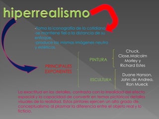 -Toma la iconografía de lo cotidiano. 
-se mantiene fiel a la distancia de su 
enfoque. 
-produce las mismas imágenes neutra 
y estéticas. 
PRINCIPALES 
EXPONENTES 
PINTURA 
ESCULTURA 
Chuck, 
Close,Malcolm 
Morley y 
Richard Estes 
Duane Hanson, 
John de Andrea, 
Ron Mueck 
La exactitud en los detalles, contrasta con la irrealidad del efecto 
espacial y la capacidad de convertir en temas pictóricos detalles 
visuales de la realidad. Estos pintores ejercen un alto grado de 
conceptualismo al plasmar la diferencia entre el objeto real y lo 
ficticio. 
 
