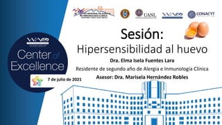 Sesión:
Hipersensibilidad al huevo
Dra. Elma Isela Fuentes Lara
Residente de segundo año de Alergia e Inmunología Clínica
Asesor: Dra. Marisela Hernández Robles
7 de julio de 2021
 